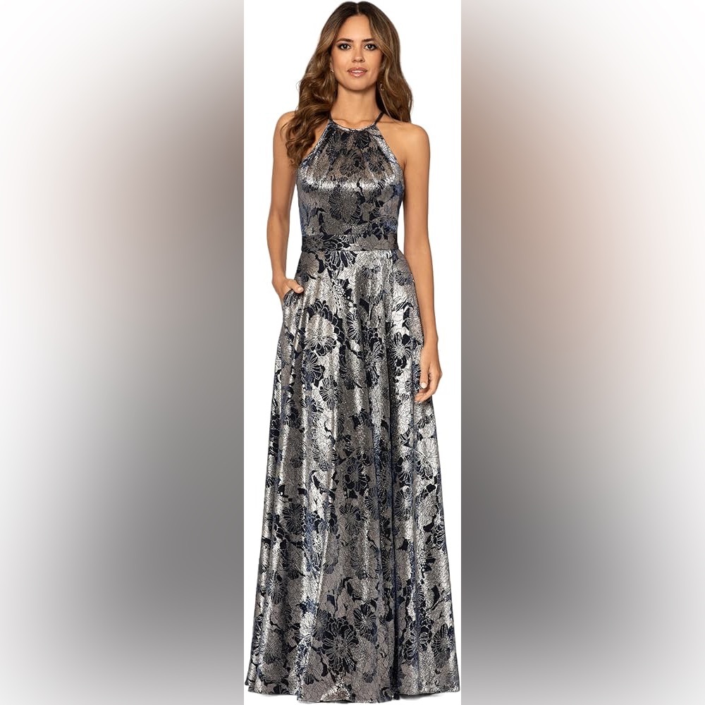 NWT Betsy & Adam Long Sleeveless Halter Metallic Print Overlay Gown Size 10